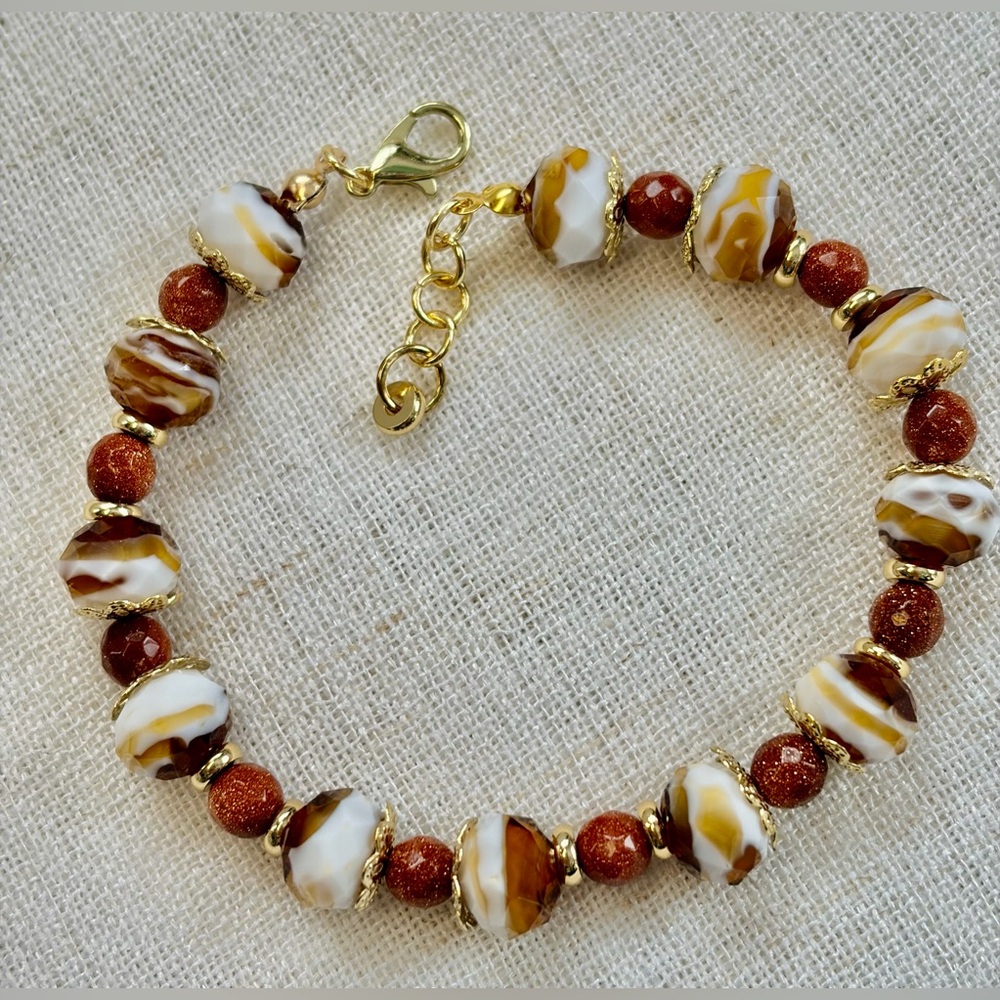 Elegant Bracelet,Chocolate swirl lampwork beads,natural goldstone,gold spacers